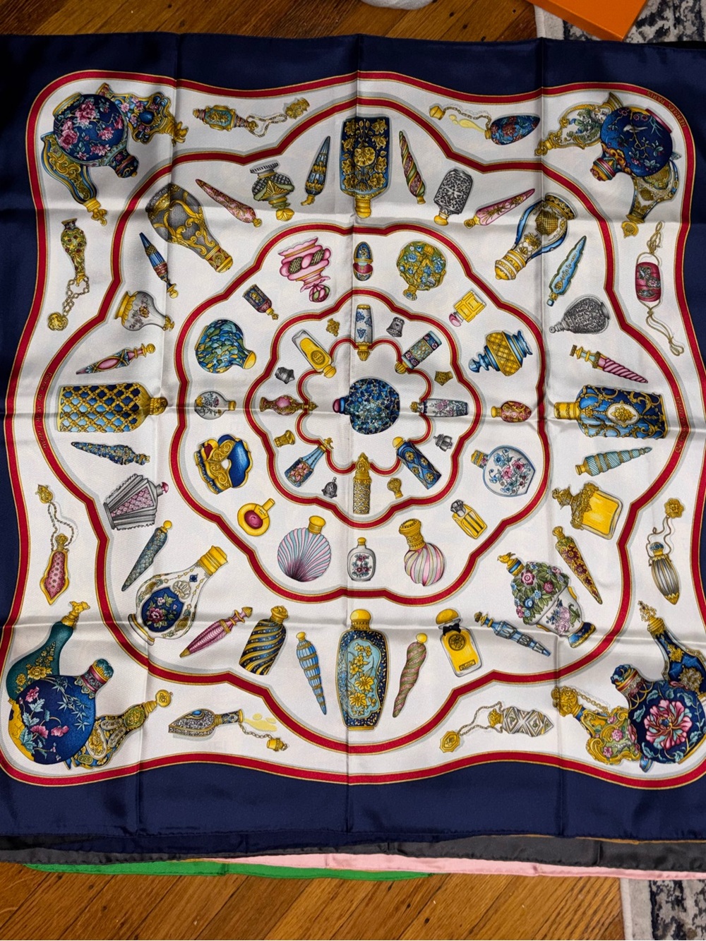 Hermes Navy, White & Pink Silk Scarf with Perfume Bottle Motif